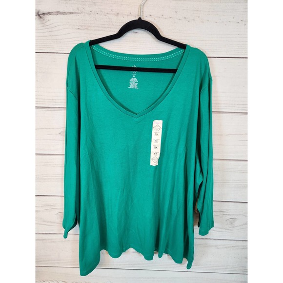 St. John's Bay Tops - ST John's Bay Women's Green Cotton Stretch V-Neck 3/4 Sleeve T Shirt Size 5X NWT